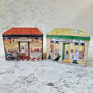2 Adorable Retro Collectible Tea Tins Bakery & Chocolate Shop Farmhouse Decor